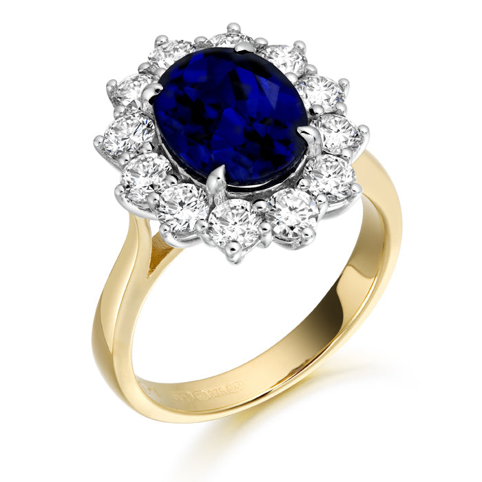 9ct Gold Lady Di CZ Ring with synthetic Royal Blue Sapphire.