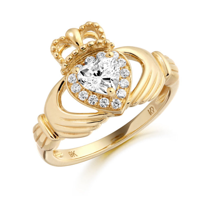 Cubic Zirconia Stone Claddagh Ring -9ct Yellow Gold