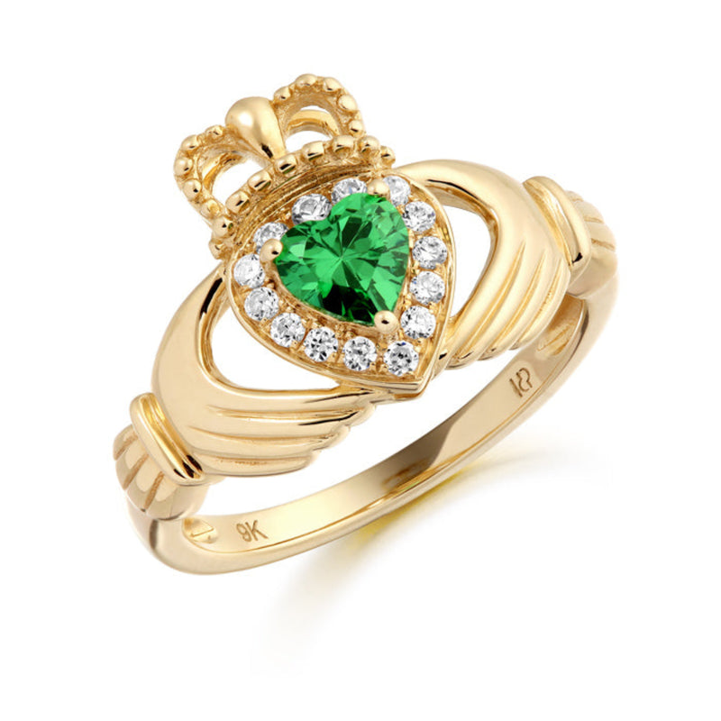 Cubic Zirconia Emerald Stone Claddagh Ring - 9ct Yellow Gold