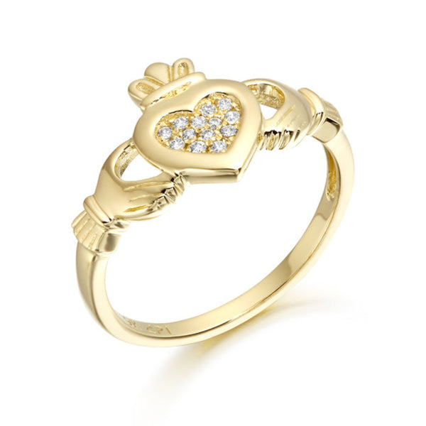 Clear Cubic Zirconia Stones Claddagh Ring - 9ct Yellow Gold