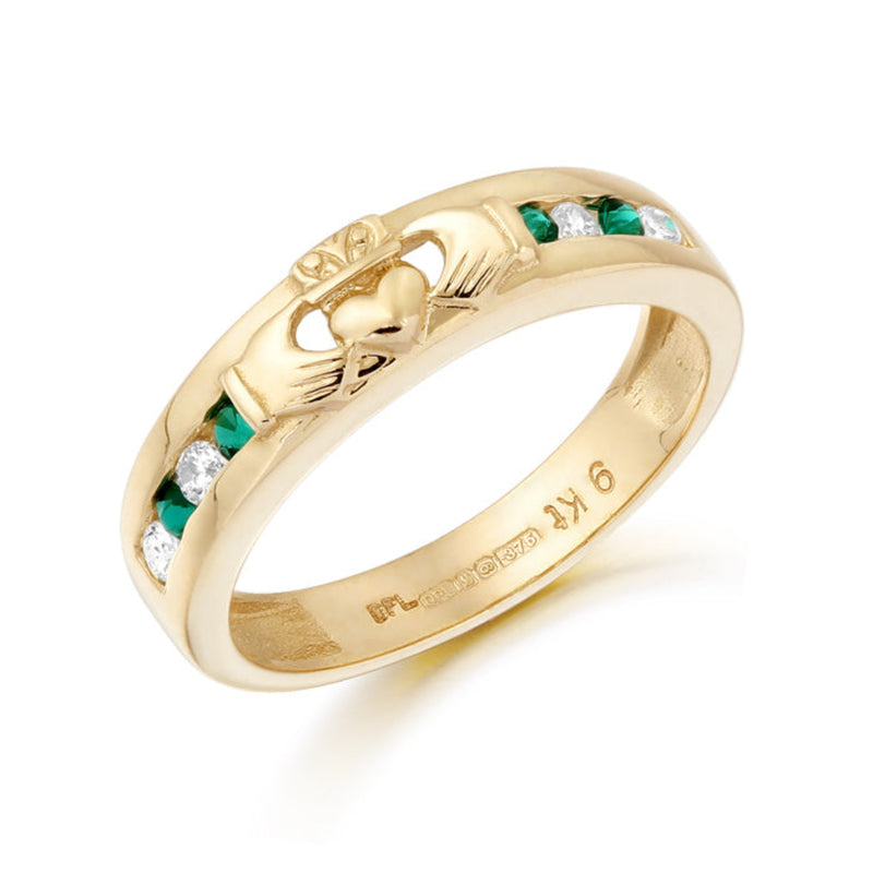 Emerald Stone Claddagh Wedding Band - 9ct Yellow Gold