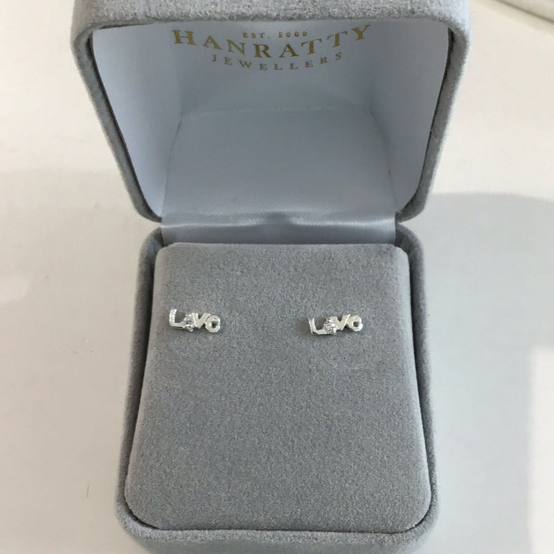 Silver CZ "Love" Stud Earrings