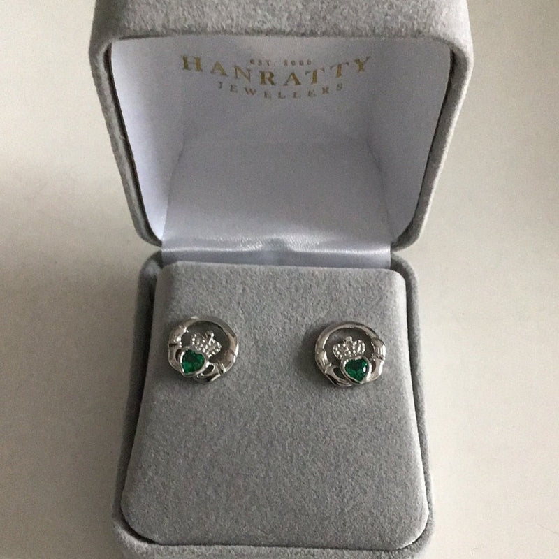 Silver Green CZ Claddagh Stud Earrings