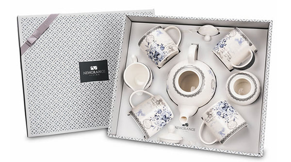 Rose Blue Bone China Tea Set Of 7