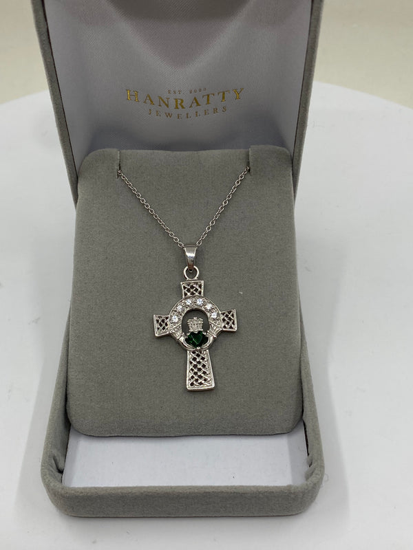 Green & Cubic Zirconia Stone Celtic Cross Necklace - Sterling Silver