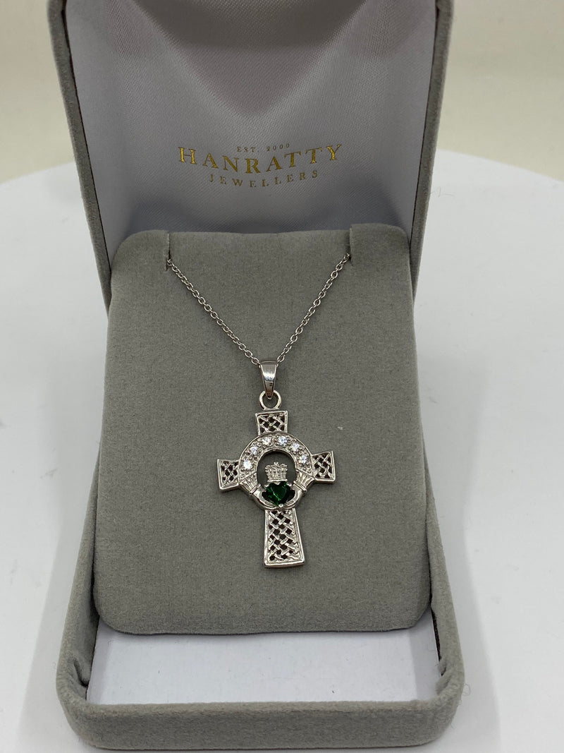 Green & Cubic Zirconia Stone Celtic Cross Necklace - Sterling Silver