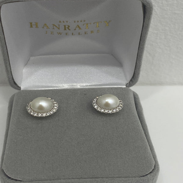 Diamond & Pearl Stud Earrings - 14ct White Gold