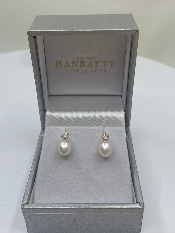 Pearl Drop Cubic Zirconia Stud Earrings - 9ct Yellow Gold