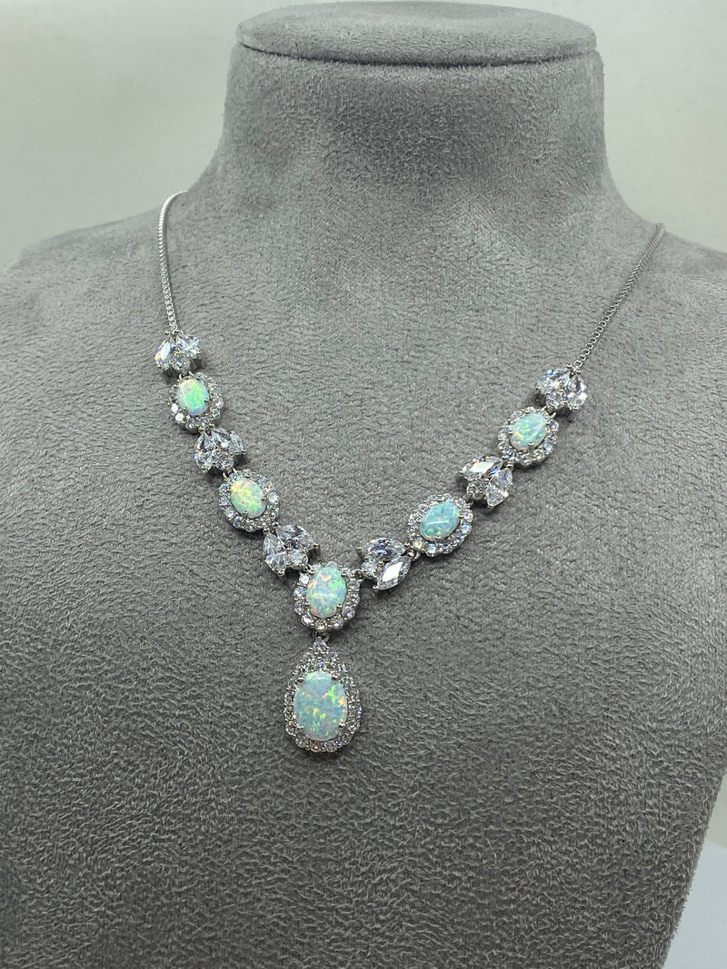 Opal & Cubic Zirconia Stone Necklace - Sterling Silver