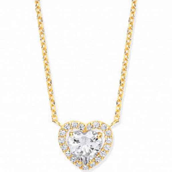 Heart Halo Style Cubic Zirconia Necklace - 9ct Yellow Gold