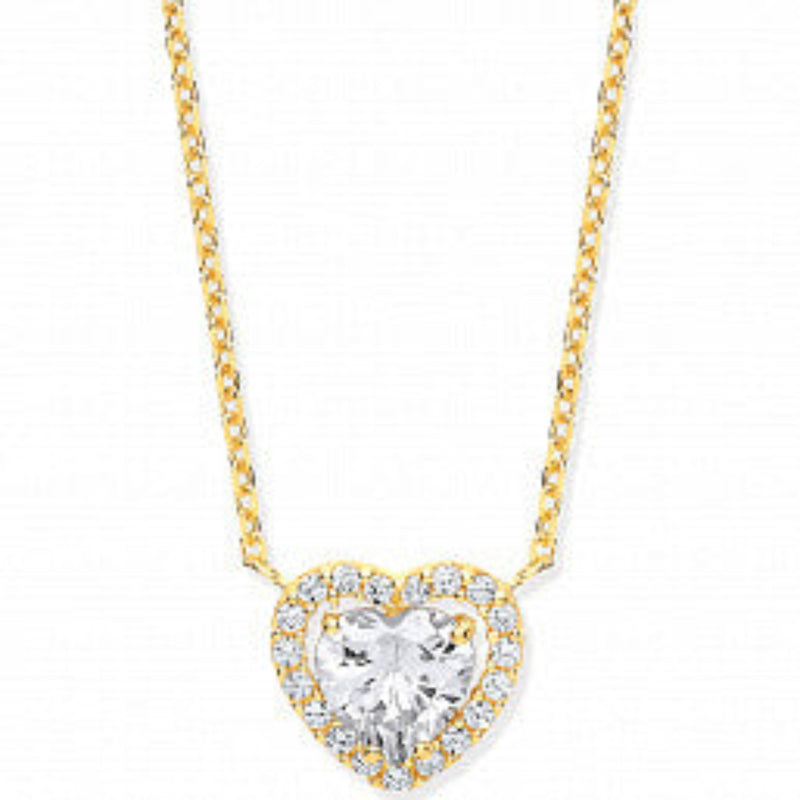 Heart Halo Style Cubic Zirconia Necklace - 9ct Yellow Gold