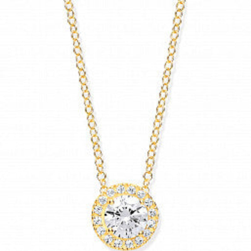 Round Cubic Zirconia Halo Necklace - 9ct Yellow Gold