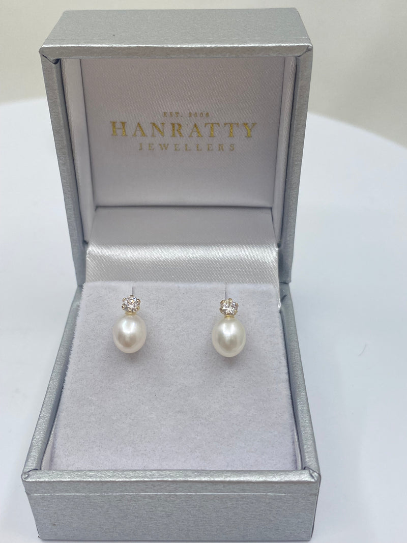 Pearl Drop Cubic Zirconia Stud Earrings - 9ct Yellow Gold