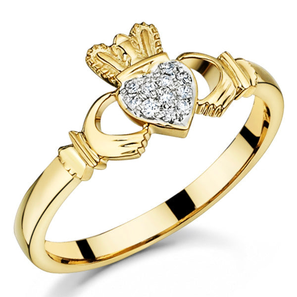 Ladies Diamond Claddagh Ring - 9ct Yellow Gold