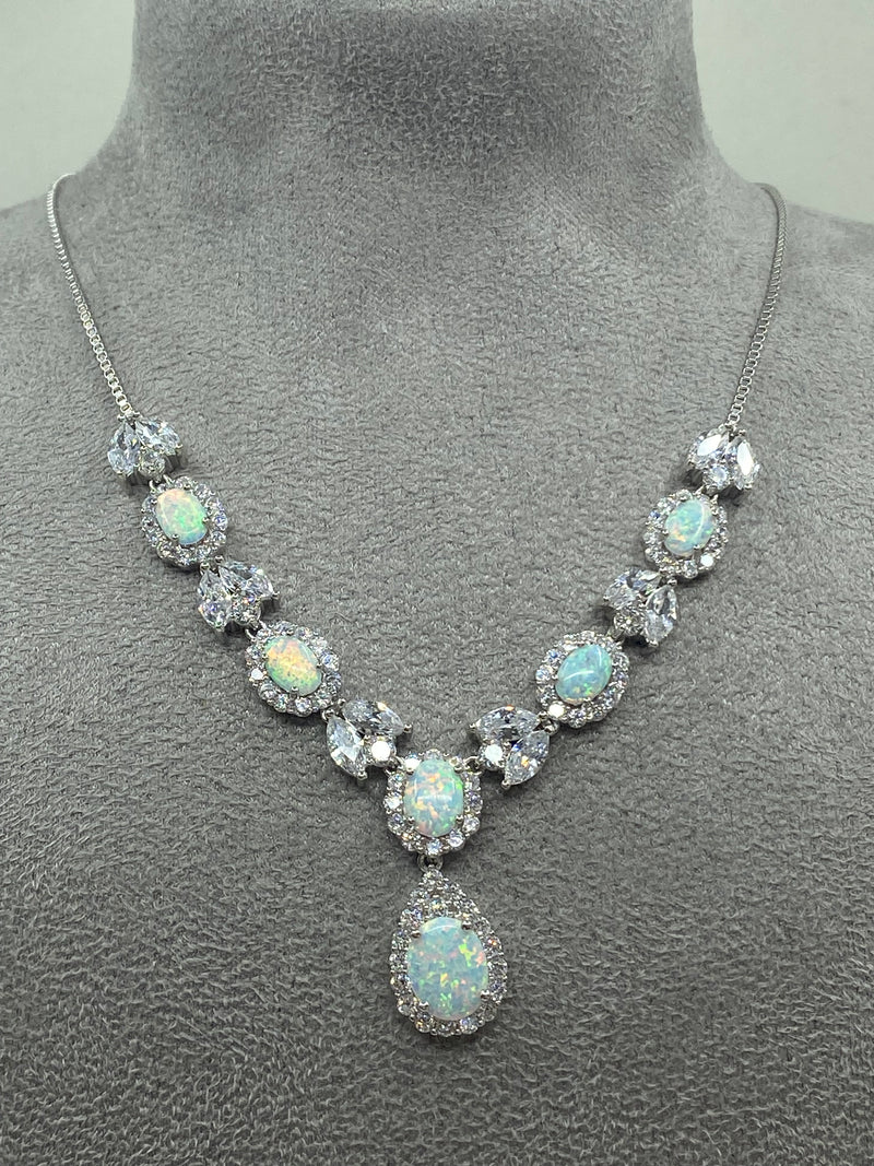 Opal & Cubic Zirconia Stone Necklace - Sterling Silver