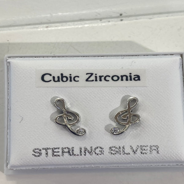 Silver CZ Set Treble Clef Stud Earrings