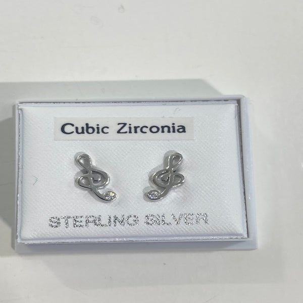 Silver CZ Set Treble Clef Stud Earrings