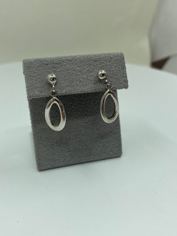 Oval Drop Style Earrings - White Gold