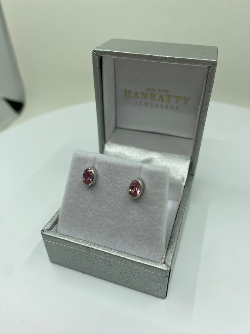 Oval Pink Stone Stud Earrings - White Gold