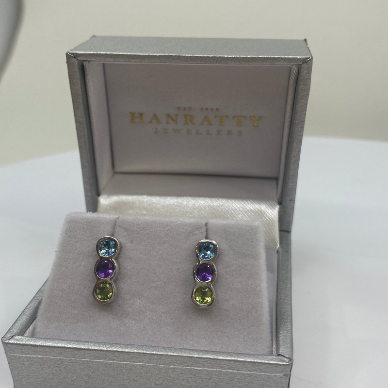 Multi - Coloured Stone Earrings  - Sterling Silver