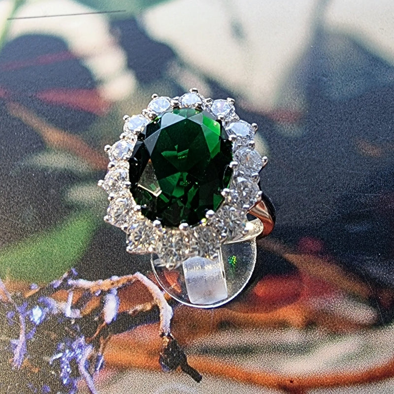 Silver Green Cluster Oval Large Stone Ring