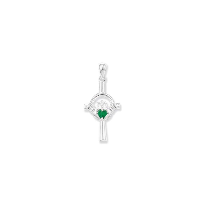 Large Claddagh Cross with Green Heart - Sterling Silver