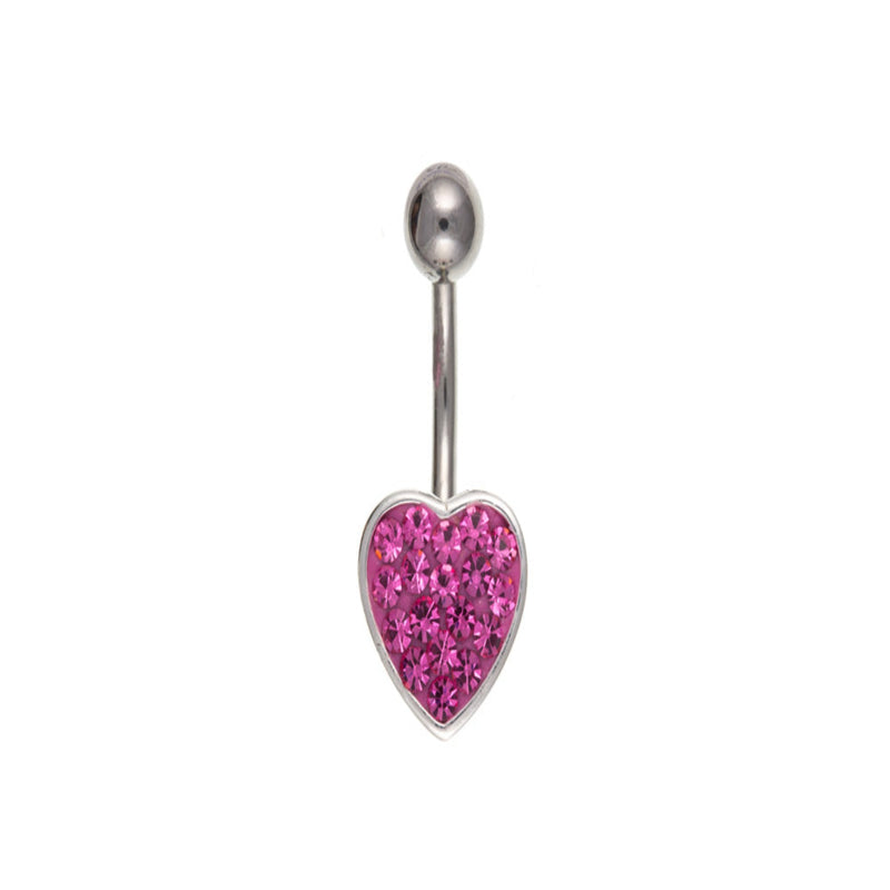 Silver Pink Crystal Heart Navel Bar