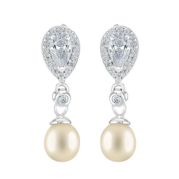 Cubic Zirconia Teardrop & Pearl Drop Earrings - Sterling Silver