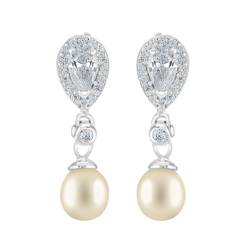 Cubic Zirconia Teardrop & Pearl Drop Earrings - Sterling Silver