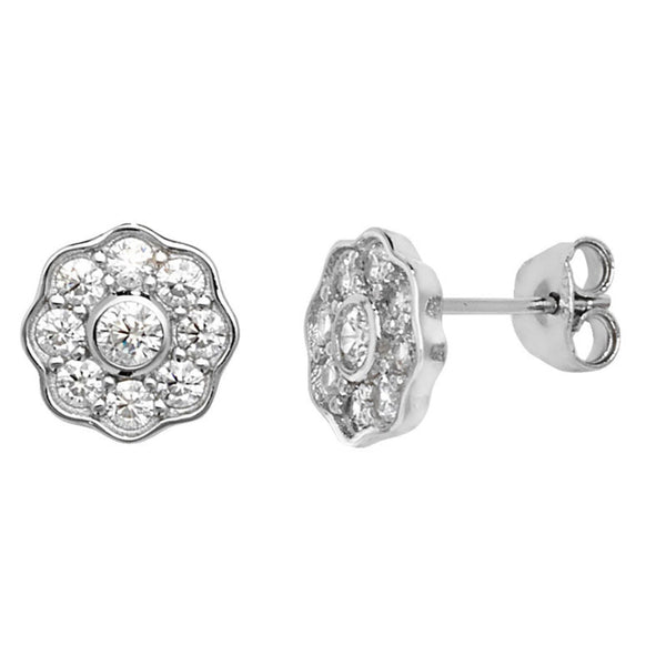 Cubic Zirconia Flower Stud Earrings - Sterling Silver