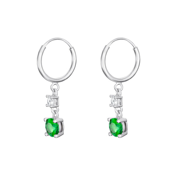 Cubic Zirconia Emerald Hoop Earrings - Silver Rhodium Plated