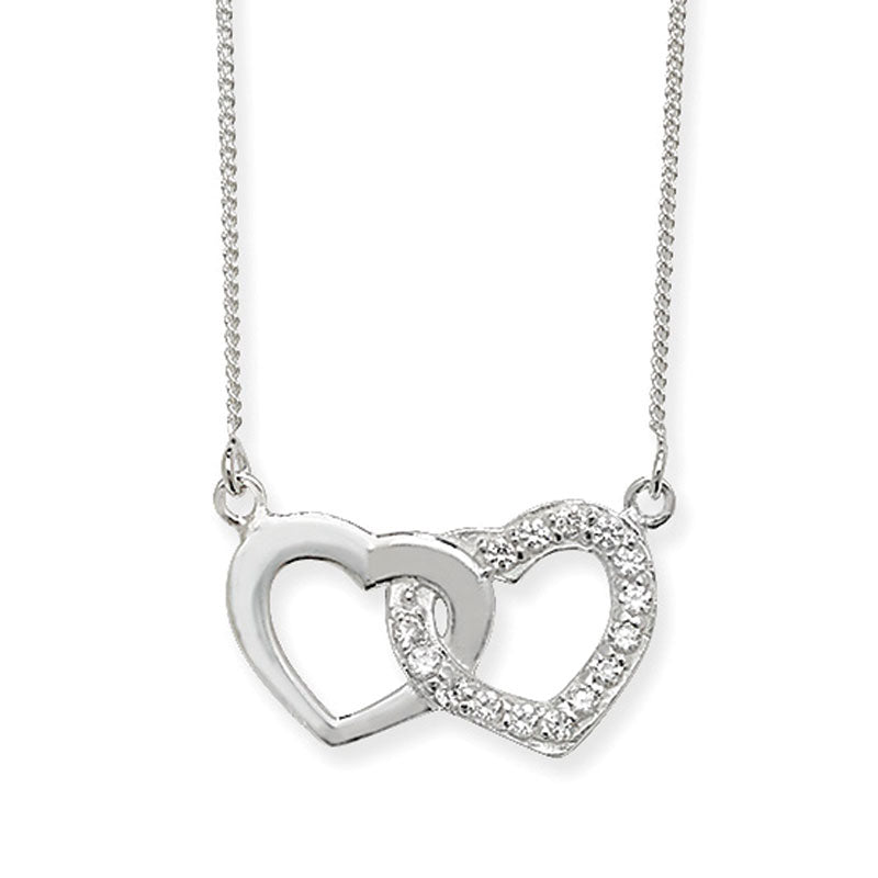 sterling silver double heart two heart necklace with cz stones, valentines, gifts for her