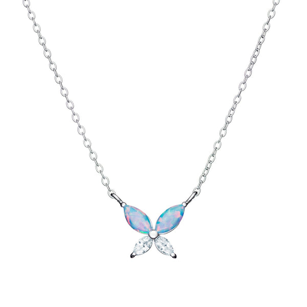 Cubic Zirconia Opal Butterfly Necklace - Sterling Silver