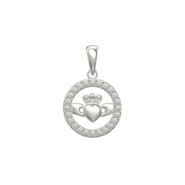 Silver CZ Round Claddagh Pendant - Sterling Silver