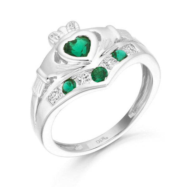 Cubic Zirconia Emerald Claddagh Ring - Sterling Silver