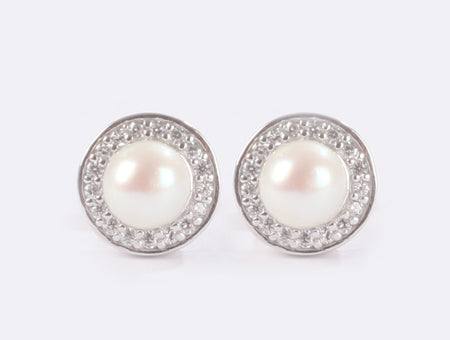 Pearl & Cubic Zirconia Stud Earrings - Sterling Silver