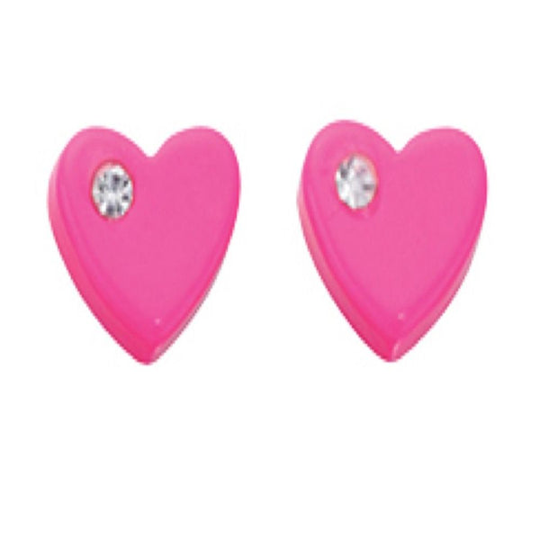 Pink Heart Stud Earrings With Clear Crystal