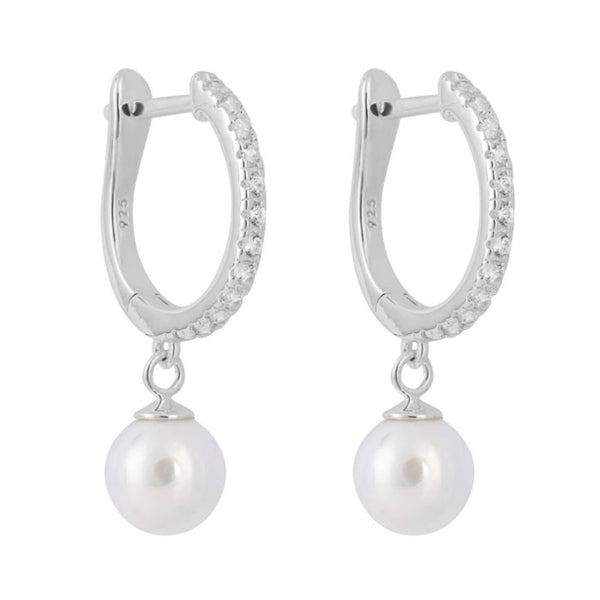 Pave Cubic Zirconia Hoop Earrings with Pearl Drop Charm