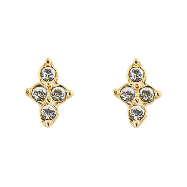 Small Flower Stud Earrings with Clear Crystal and Yellow Gold Plating