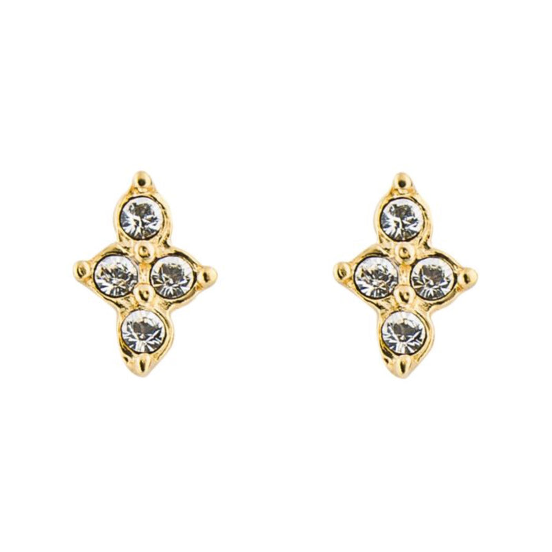 Small Flower Stud Earrings with Clear Crystal and Yellow Gold Plating