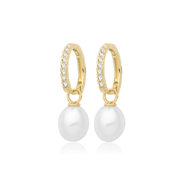 9CT Yellow Gold CZ Pearl Drop Hoops