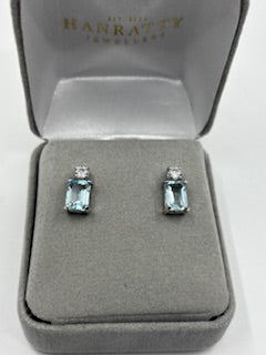 Aquamarine & Diamond Stud Earrings  - 18ct White Gold