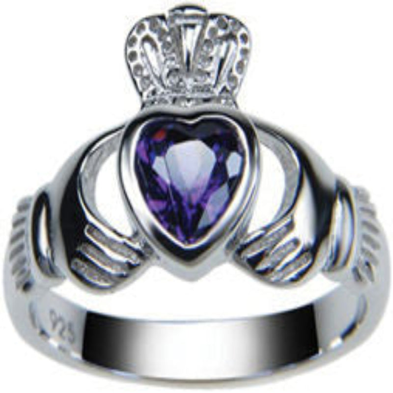 Purple Stone Claddagh CZ Ring - Sterling Silver