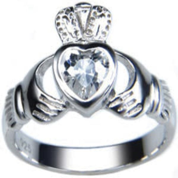 Clear Cubic Zirconia Claddagh Ring - Sterling Silver