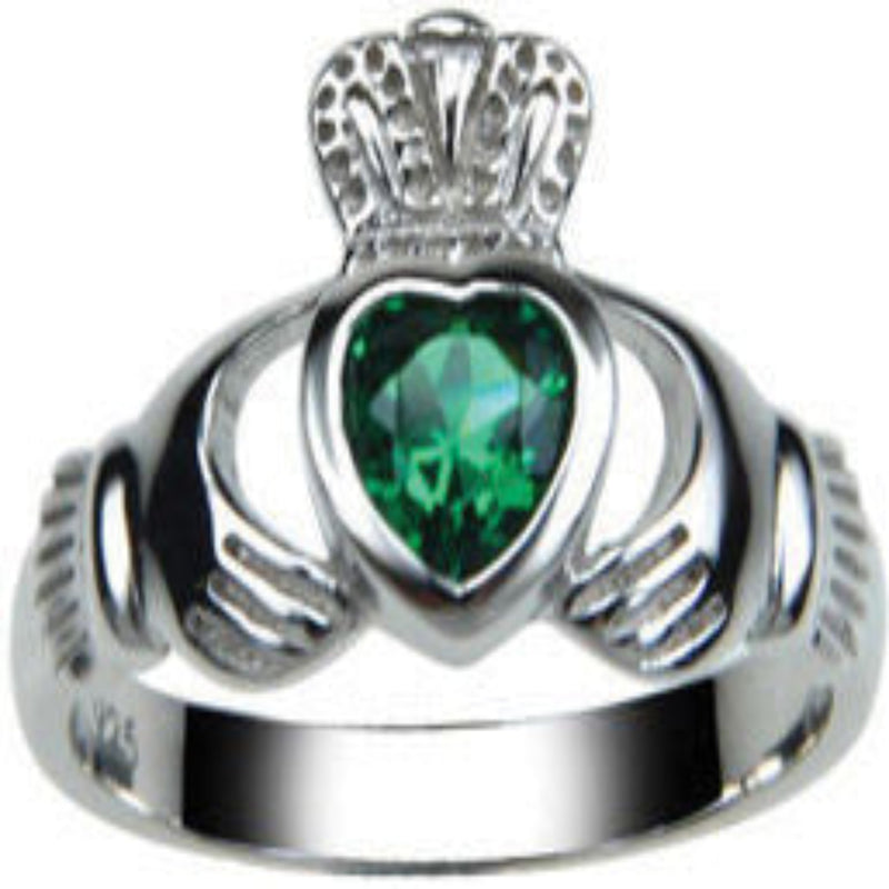 Green Cubic Zirconia Claddagh Ring - Sterling Silver