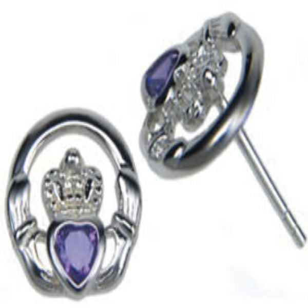 Claddagh Cubic Zirconia Amethyst Earrings - Sterling Silver