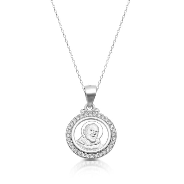 Padre Pio Medal Studded With Cubic Zirconia - Sterling Silver